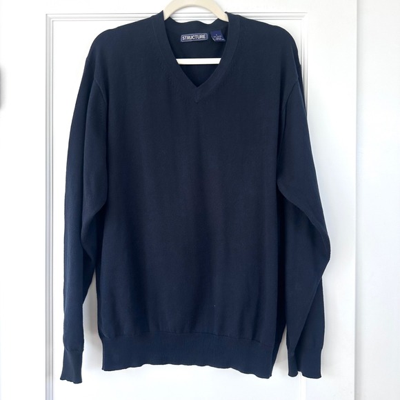 Structure Other - Structure Mens Navy Blue V-Neck Sweater 100% Cotton Knit Pullover Large